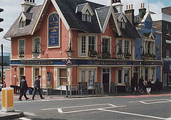 The same pub as in the previous two images, painted in pink and blue.