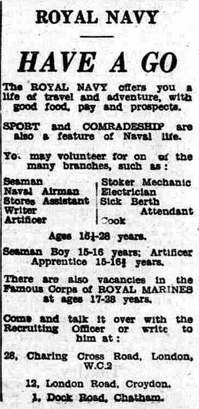 A black-and-white text-only advertisement headed “Royal Navy / Have A Go” and offering “a life of travel and adventure, with good food, pay and prospects.”
