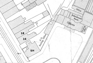 An extract from a greyscale map showing the same area with a different configuration of buildings.