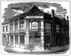 A detailed engraving of a building on the corner of two streets. Although only two storeys, it's clear from the passers-by shown on the pavement outside that each storey is unusually tall. A corner door bears the sign “Office” and the window next to it carries the words “Gas printing works”. Signs above the door read: “Croydon Review”, “Andress & Co”, and “The Croydon Review Office”.