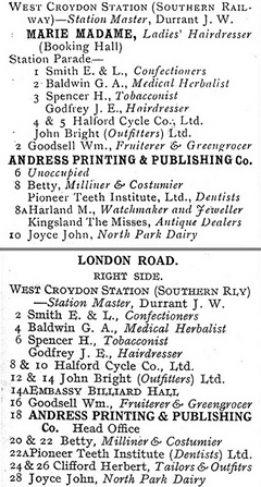 Two pieces of printed text listing occupants at each address along a road. The first shows Betty, Milliner & Costumier, at number 8 while the second shows her at numbers 20 & 22.