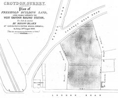 A black-and-white plan showing an area of land between two roads — London Road and Parsons Mead Road. Text in the top-left corner, in several different ornate fonts reads: “Croydon, Surrey. Plan of freehold building land lying nearly opposite the West Croydon Railway Station, For Sale by Auction by Messrs Blake at Garraways Coffee House, Cornhill, On Friday, 20th August 1858. (Vide the accompanying Particulars of Sale.)”