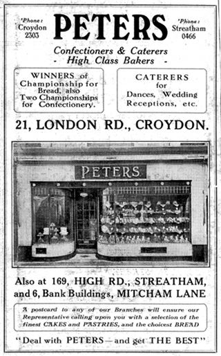A black-and-white advert for Peters bakery at 21 London Road. At the top it states that Peters are “Winners of championship for bread, also two championships for confectionery.” A photograph of the shopfront shows two curved front windows with baked goods on display, and a door in the middle.