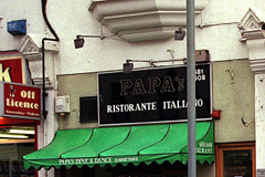 Close-up on a sign and canopy over a shopfront. The sign reads “Papa’s Ristorante Italiano” and the canopy reads “Papa’s Dine & Dance Downstairs”.