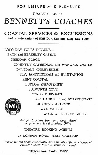 A black-and-white advertisement for Bennett’s Coaches, advertising attractions as described in article below.