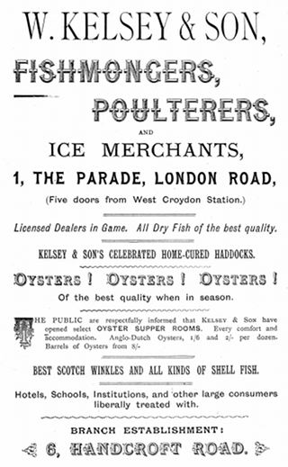 A black-and-white advertisement reading: “W Kelsey & Son, Fishmongers, Poulterers, and Ice Merchants, 1, The Parade, London Road, (Five doors from West Croydon Station.) Licensed dealers in Game. All Dry Fish of the best quality. Kelsey & Son’s celebrated home-cured haddocks. Oysters! Oysters! Oysters! Of the best quality when in season. The public are respectfully informed that Kelsey & Son have opened select OYSTER SUPPER ROOMS. Every comfort and accommodation. Anglo-Dutch Oysters, 1/6 and 2/- per dozen. Barrels of Oysters from 8/-”.