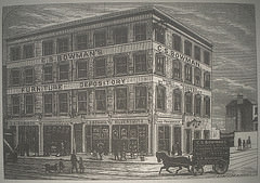 An illustration showing a large four-story building on the corner of two streets.  The words “C. S. Bowman’s Furniture Depository / Money advanced by special contract / Complete house furnisher / Silversmith and pawnbroker” are on the frontage.  A Bowman’s-branded horse and cart is shown in the foreground.