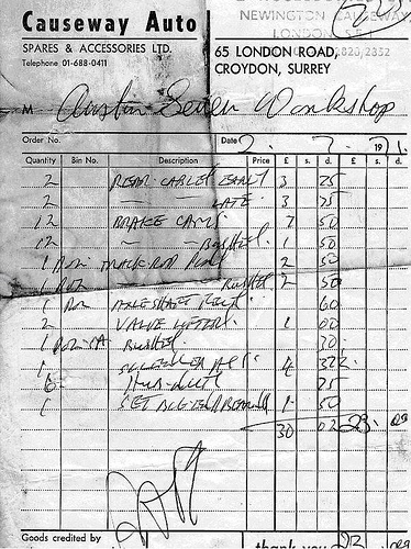 A black-and-white scan of an invoice headed “Causeway Auto Spares & Accessories Ltd.  65 London Road, Croydon, Surrey”.
