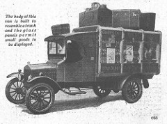 A drawing of an old-fashioned motor van with luggage piled on top.