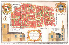 A coloured map showing several intersecting streets and the main buildings along them.  Two coats of arms are in the top left and top right corners, and drawings of two parish churches are in the bottom two corners.  The title, within a decorative frame at the bottom, is “Breadstreet Ward and Cordwainers Ward with their Divisions into Parishes According to a new Survey.”