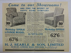 An advertisement headed “Come to our Showrooms! and find the secret of happy home comfort”.  Drawings of two armchairs, one upholstered in a patterned fabric and the other in plain fabric, are prominent among a wall of text giving details of the furniture and service available.