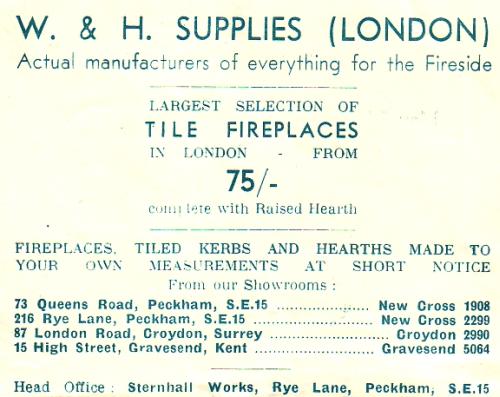 Advertisement headed “W & H Supplies” and including addresses in Peckham, Croydon, and Gravesend.