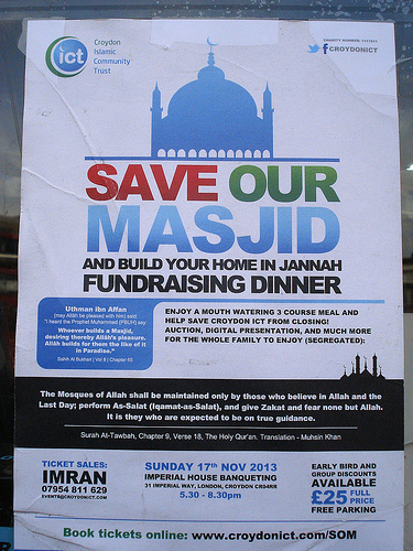 A poster headed “Save Our Masjid”, with the Croydon Islamic Community Trust logo in the upper left corner.