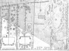 A detailed map showing three buildings with their grounds; two semi-detached pairs on the left and another building on the right of similar size but with much larger grounds.