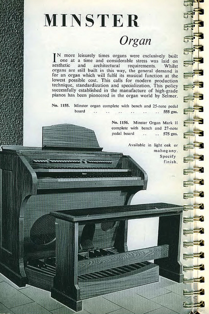 A page from a spiral-bound book, headed “Minser Organ” and showing a drawing of an electronic organ (i.e. without pipes).