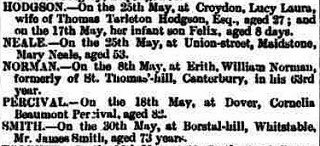 Another newspaper excerpt including the announcement: “HODGSON.—On the 25th May, at Croydon, Lucy Laura, wife of Thomas Tarleton Hodgson, Esq., aged 27; and on the 17th May, her infant son Felix, aged 8 days.”