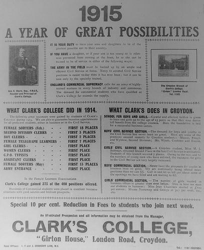 Advert headed “1915 / A Year of Great Possibilities”, with sections below on “What Clark’s College Did in 1914” and “What Clark’s Does in Croydon”.