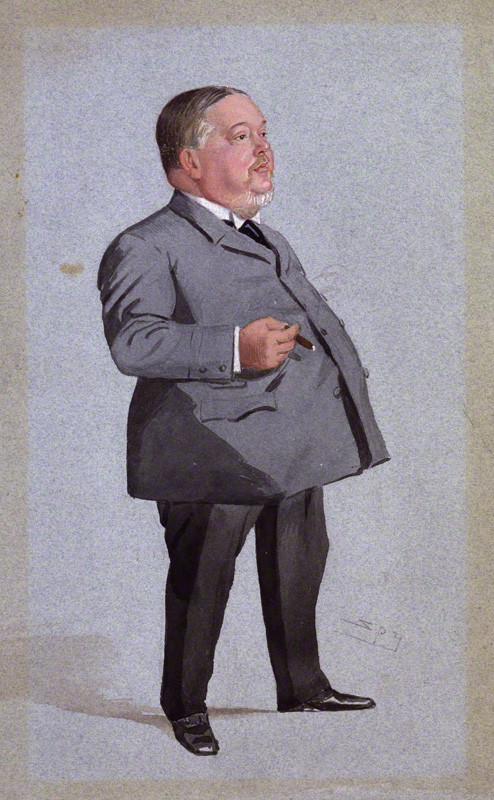 A painting of a short, fat, white man wearing a grey suit and holding a cigar.