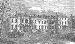A drawing of a grand-looking three-storey wing of a building, with arched entrances along the ground floor, surrounded by trees and shrubs.