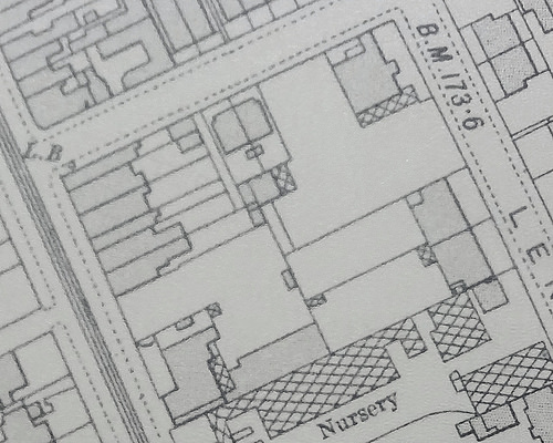 Another extract showing the same area, with buildings indicated by solid shading.  A handful of new buildings have appeared since the previous one.