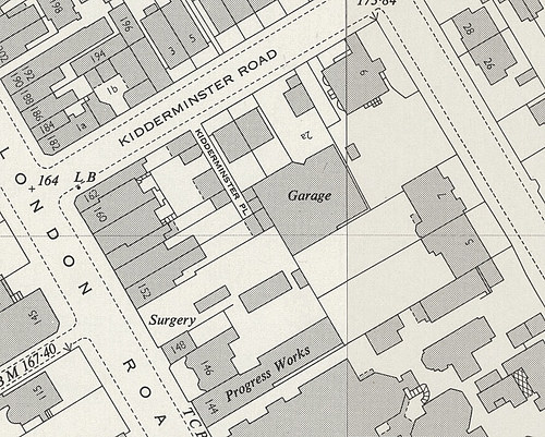 Another extract showing the same area, this time with street numbers on some of the building as well as wording reading “Surgery”, “Garage”, “Progress Works”, etc.