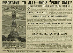 A densely-printed newspaper advertisement headed “Important to all! — Eno’s ‘Fruit Salt.’  A drawing of a lighthouse in a stormy sea is on the left, with superimposed text reading “Eno’s Fruit Salt is a blessing in all ailments / Waste of life in England / 140,000 persons every year DIE unnatural deaths which may be prevented.”  On the right are testimonals from customers, and at the bottom is a warning to beware of imitators.