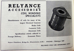 Advert headed “Relyance Accessories Coil Winding Specialists”.  A photo of a circular coil is on the right.