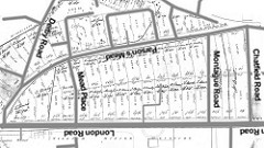 A hand-drawn map showing rectangular plots running along a main road, each with a name, monetary amount, and lot number written on.  A line map of roads including London Road, Mead Place, Montague Road, and Chatfield Road has been overlaid in fuzzy grey and black.