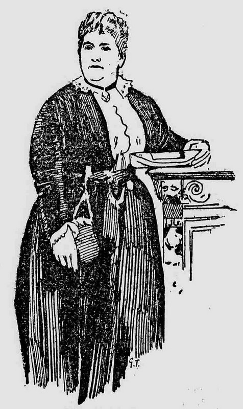 A line drawing of a tall, fat, white woman wearing a black dress with a white front and some kind of bag hanging from the waistband.  She is standing next to what looks like some sort of carved pillar or mantelpiece, and is holding something in her hand, possibly a piece of paper or an envelope.