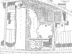 A black-and-white hand-drawn plan of a very extensive estate with formal gardens, a paddock, a meadow, and a house.  Other, more modest-looking housing surrounds the estate.