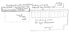 Pencil sketch diagram showing a “Development under construction” to the left and a dashed outline below this indicating “line of canopy over”.  A “car waiting area” is to the right of this, between an “existing wall to be battened boarded & painted” above and a “brick wall” below.
