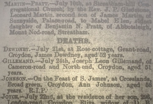 A newspaper notice under the heading “Deaths”, reading: “Gillemand.—July 24th, Joseph Leon Gillemand, of Cameron-road and North-end, Croydon, aged 51 years.”