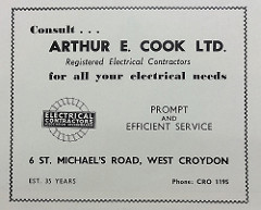 A black-and-white advert urging the reader to “Consult... Arthur E. Cook Ltd. / Registered Electrical Contractors / for all your electrical needs / prompt and efficient service”.  The logo of the “Electrical Contractors Association Incorporated” is to one side, and “Est. 35 years” is at the bottom.