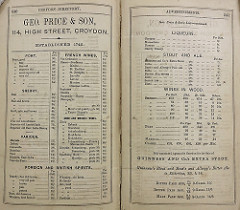 A double-page advert headed “Geo. Price & Son, 114, High Street, Croydon”, listing prices for many types of alcohol including port, sherry, French wines, “foreign and British” spirits, “stout and ale”, and “wines in wood”.