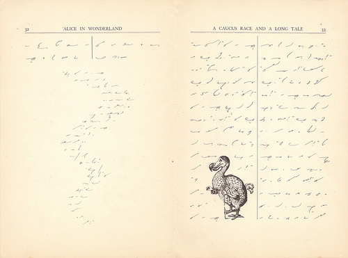 Two pages of “Alice in Wonderland”, written in Gregg Shorthand.  A drawing of a dodo is tucked in among the text on the right-hand page, and the text on the left-hand page winds down in a narrow, curving column.