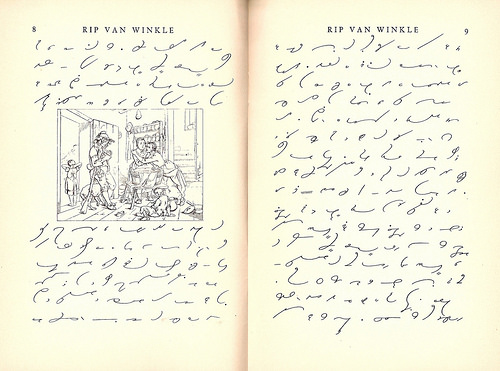 Two pages of “Rip van Winkle”, written in Gregg Shorthand.  The left-hand page has a drawing of five sad people inside a house.