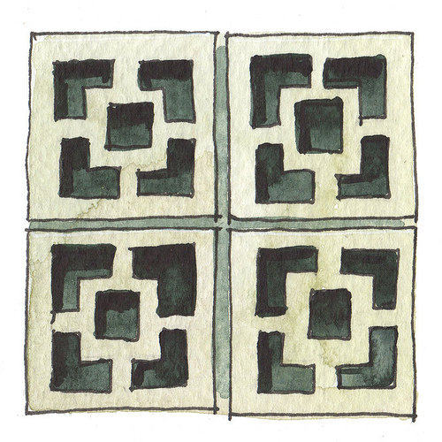 A watercolour painting of some blocky but decorative shapes in dark and light greys.