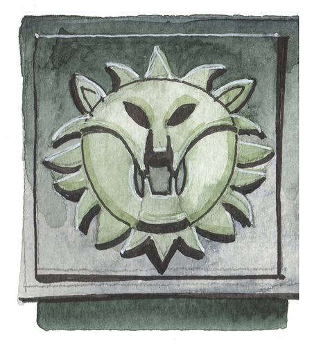 A watercolour painting in light grey and green, showing a stylised lion’s head.