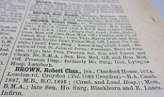Three single-paragraph entries in an alphabetically-arranged list.  The one in focus at the bottom is for “BROWN, Robert Chas., jun., Chatfield House, 103A. London-rd. Croydon”.