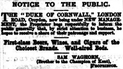A black-and-white text-only “Notice to the Public” stating that the Duke of Cornwall is now under the new management of “Sam Waghorn (Brother to the Champion of Kent)”.