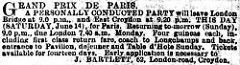 A closely-printed text-only newspaper advert describing the abovementioned trip to the 1902 Grand Prix de Paris, with tickets available from “J. Bartlett, 62, London-road, Croydon.”