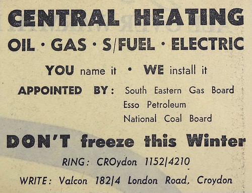 Newspaper advert for Valcon at “182/4 London Road”, urging readers “DON’T freeze this Winter” and stating that the company is “Appointed by: South Eastern Gas Board / Esso Petroleum / National Coal Board”.