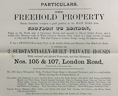 A printed page in a variety of fonts giving “Particulars” of a “freehold property” comprising “2 substantially-built private houses” with “enclosed and planted Forecourts, and Side Entrances”.
