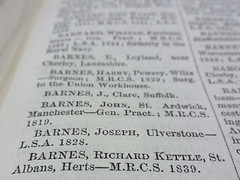 A printed directory page with several names; at the bottom is “BARNES, Richard Kettle, St. Albans, Herts — M.R.C.S. 1839.