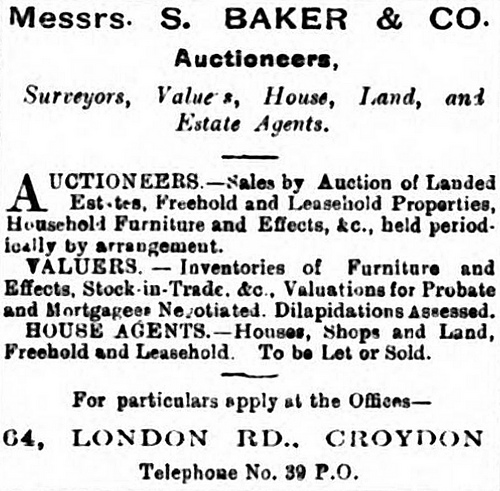 Advert for “Messrs. S. Baker & Co., Auctioneers, Surveyors, Valuers, House, Land, and Estate Agents”.