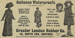 Newspaper advert with drawings of adults and children wearing hats and long and short coats, headed “Reliance Waterproofs all seam sewn” and giving prices such as “Ladies’ Poplin Waterproofs, 18/6 each”.  As well as an address of 68 North End, it states “And at London, Brighton, and Eastbourne.”
