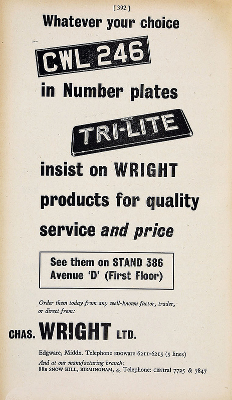 Monochrome advert showing numberplates with 2D and 3D lettering, stating “Whatever your choice in Number plates insist on Wright products for quality service and price”, and giving an address of Edgware, Middlesex, as well as their “manufacturing branch” at 88a Snow Hill, Birmingham.
