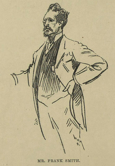 Sketch of a man standing with one hand on his hip and the other arm outstretched.  He has a quiff, a receding hairline, a goatee, and a long moustache, and is wearing a long jacket (possibly a tailcoat) and what might be a waistcoat.
