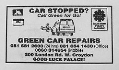 Newspaper advert headed “Car stopped?  Call Green for Go!” and giving an address of 200 London Road.  The Retail Motor Industry Federation logo is in one corner, and there's a line drawing of a van pulling up near a car with its bonnet open.