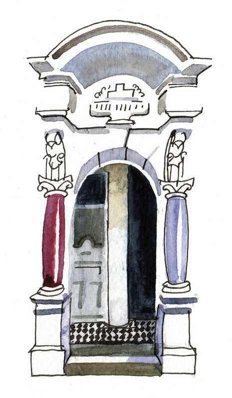 Ink and watercolour sketch of a recessed doorway with an arch above and rounded pillars to left and right.